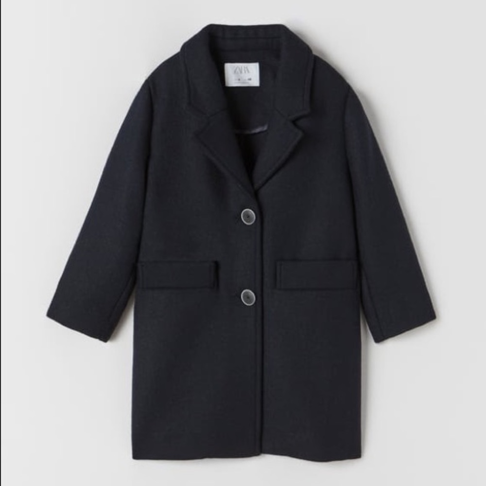 NWT Zara Straight Cut Wool Blend Coat in Navy Blue (Size: 13-14Y, 64.6”)